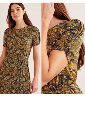 ✨ Boden Navy and Gold Paisley Puff-Sleeve Mini Dress ✨